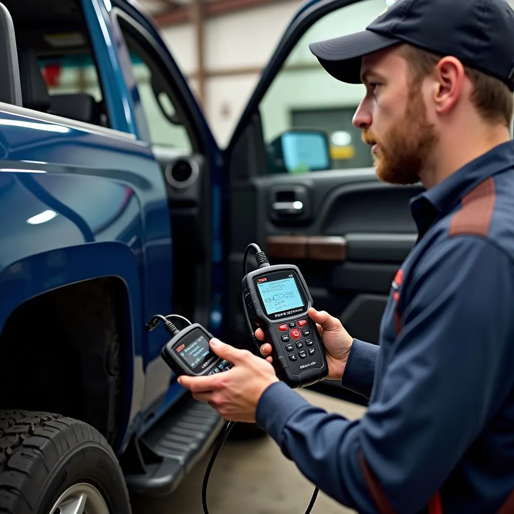 Mechanic Diagnosing Chevy Silverado with Code Reader