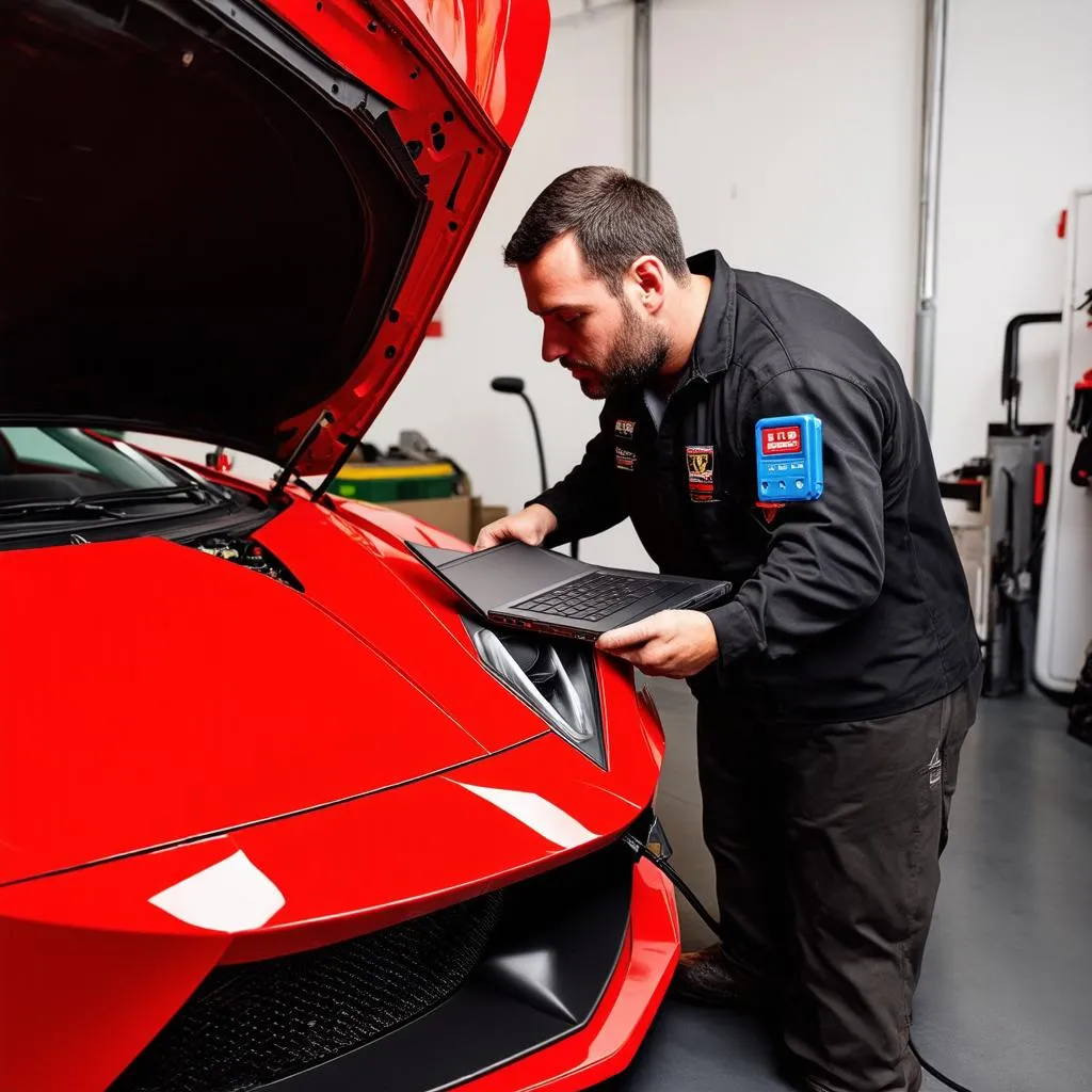 Mechanic using diagnostic laptop on Lamborghini