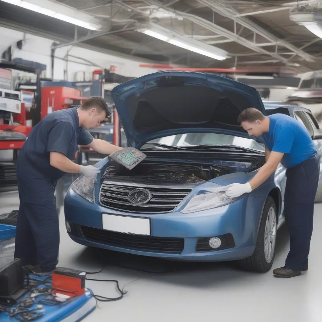 Mechanic using a diagnostic scanner on a car