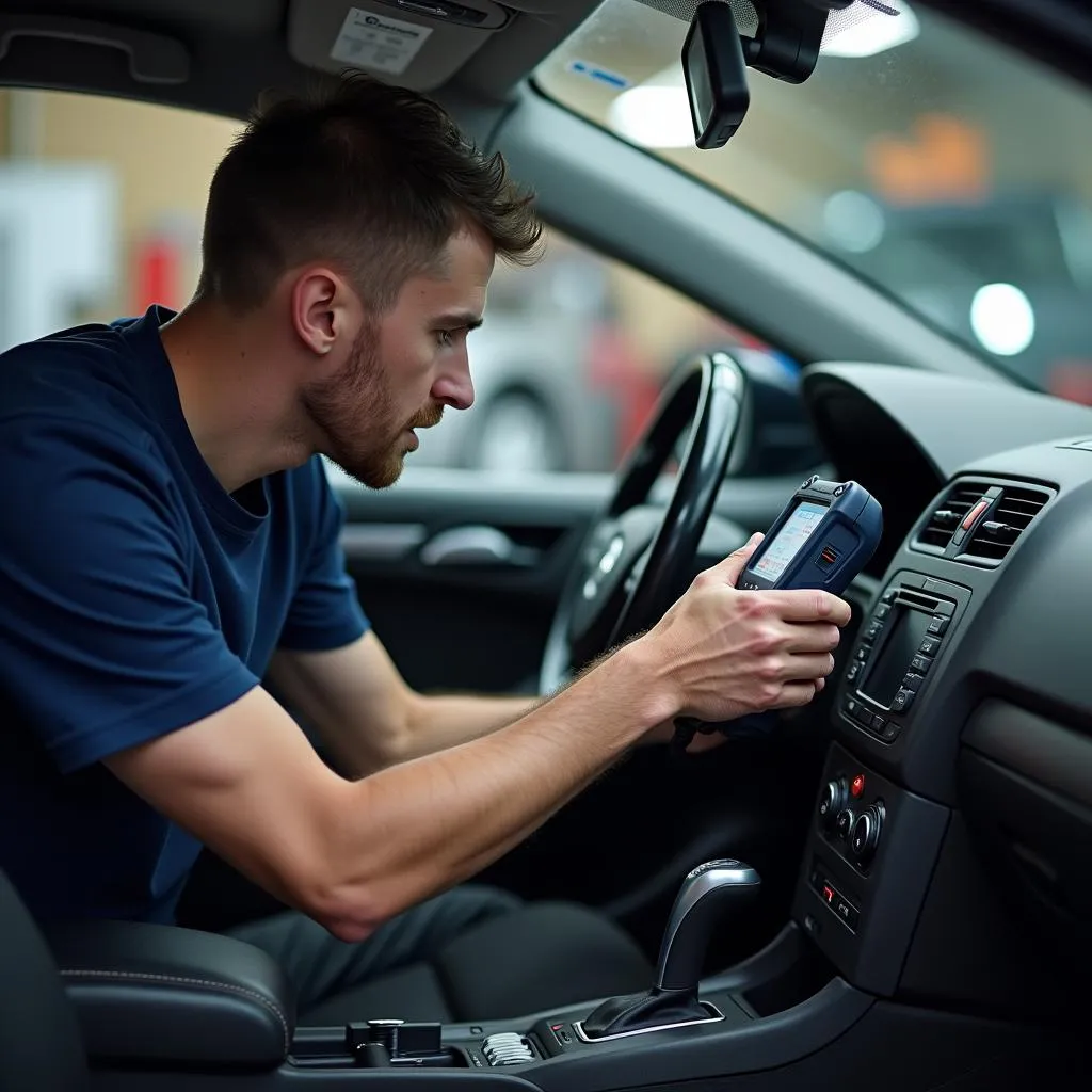 Mechanic plugging in a diagnostic scanner to a car's OBD2 port