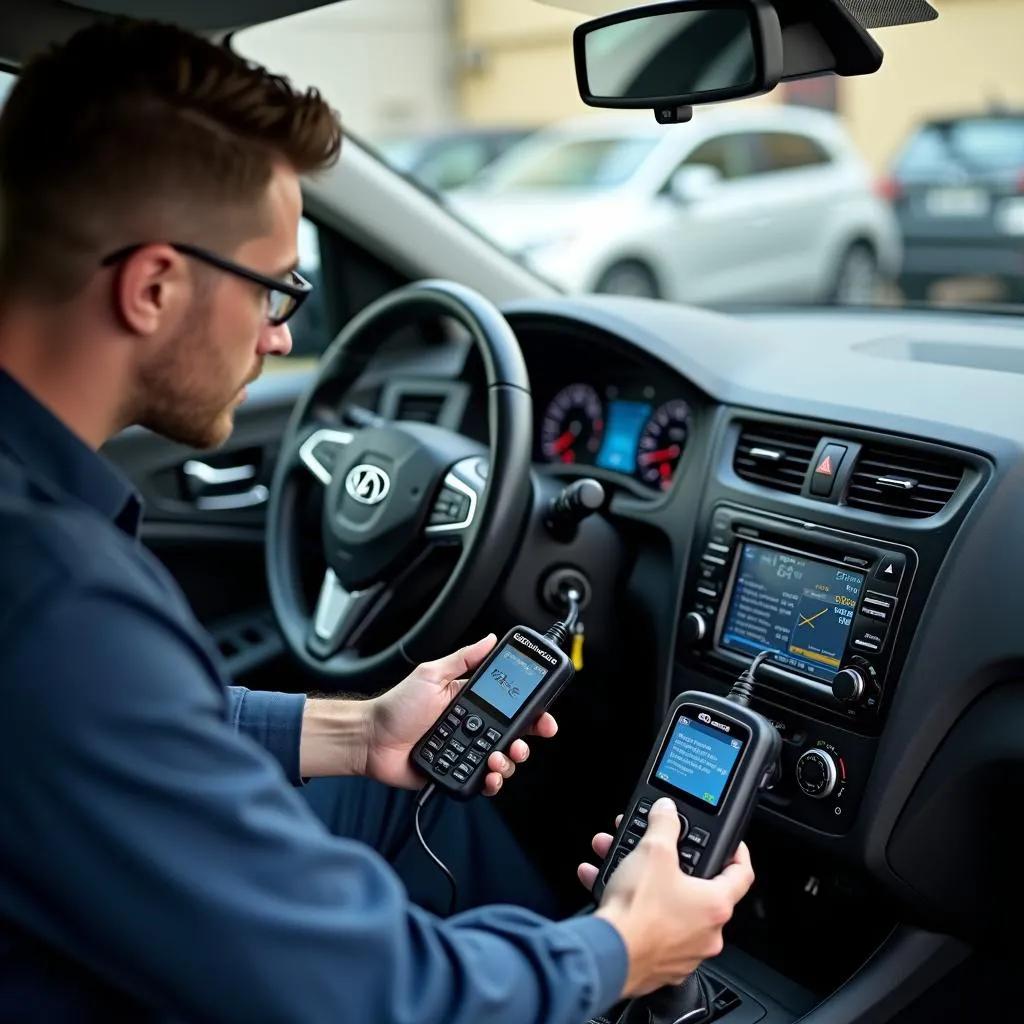 Mechanic using a diagnostic scanner on a car