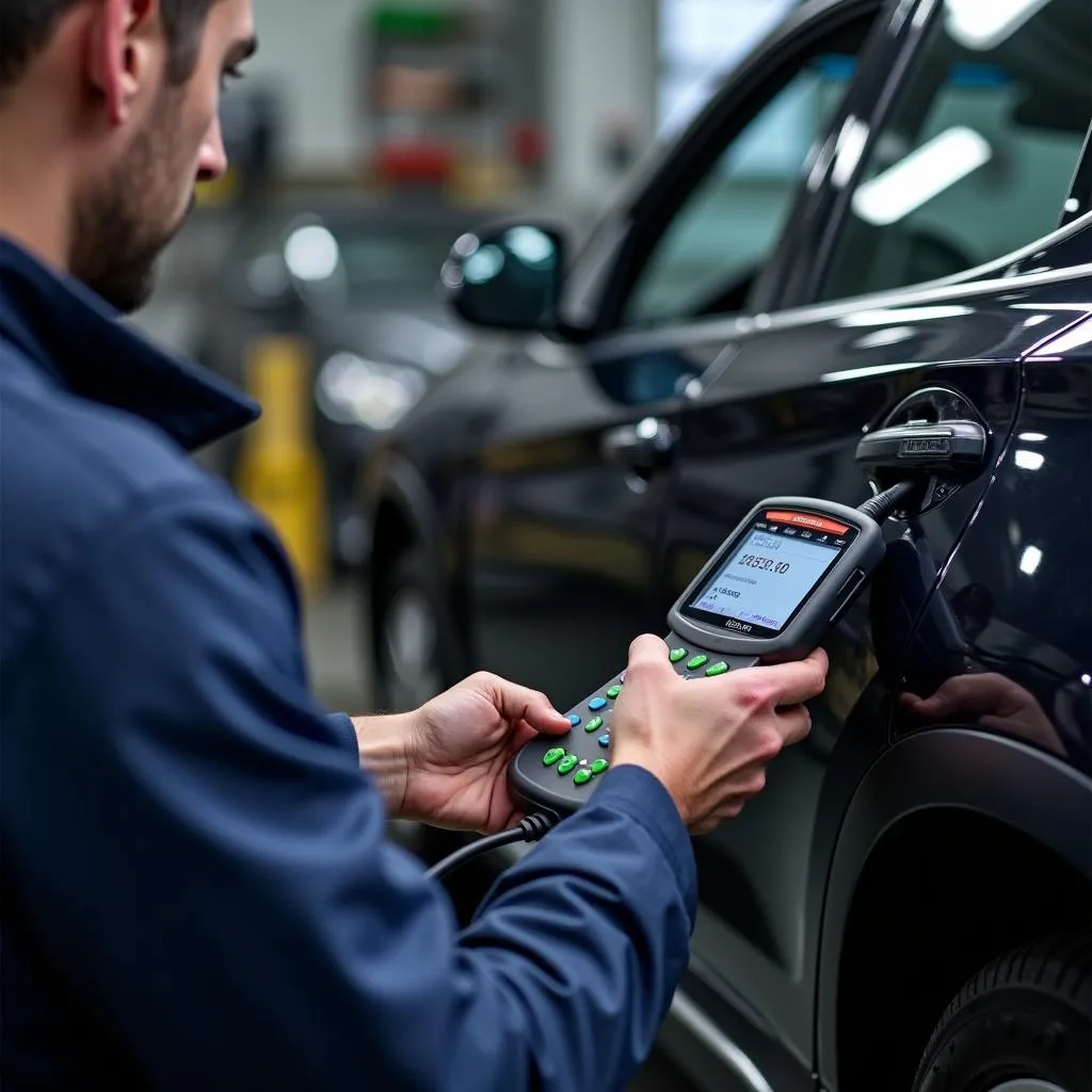 Mechanic connecting a diagnostic scanner to a car's OBD-II port