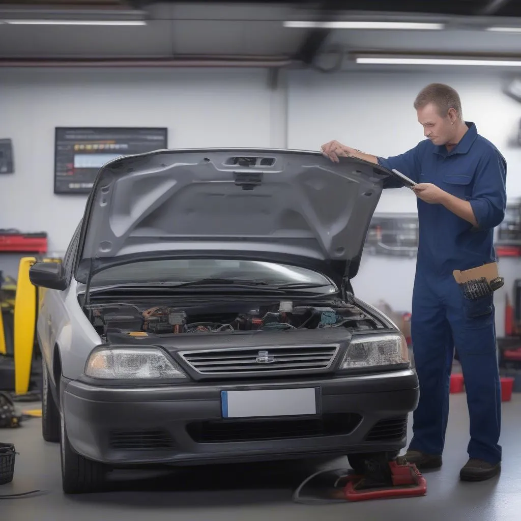 Car Mechanic Performing Engine Diagnostics Using a Professional Scanner