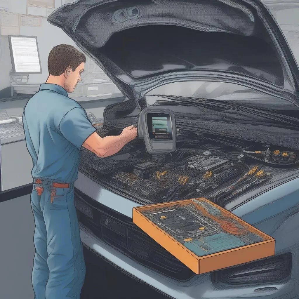 A mechanic using a diagnostic scanner to troubleshoot a car's anti-theft system