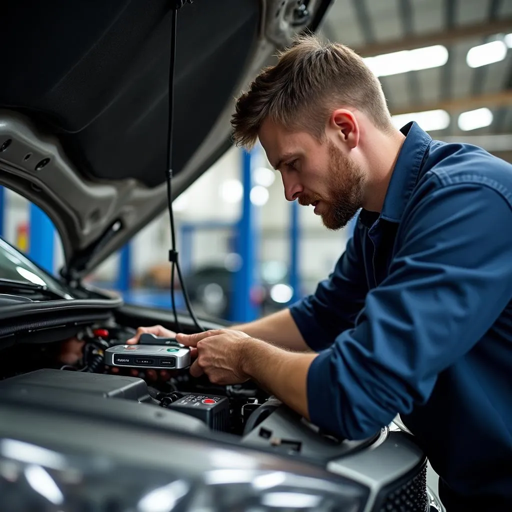 Mechanic connecting a diagnostic scanner to a Kia Sportage