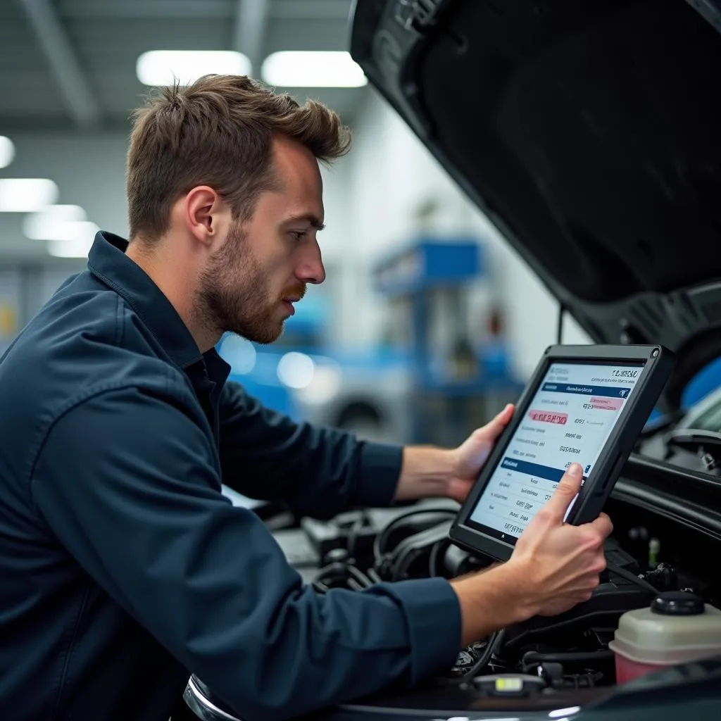 Mechanic Diagnosing Car Issues with Software