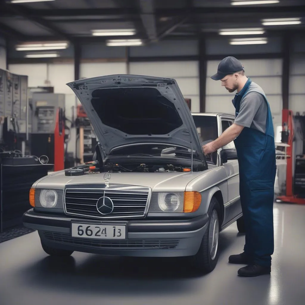 Mechanic Using a Diagnostic Tester on a Mercedes