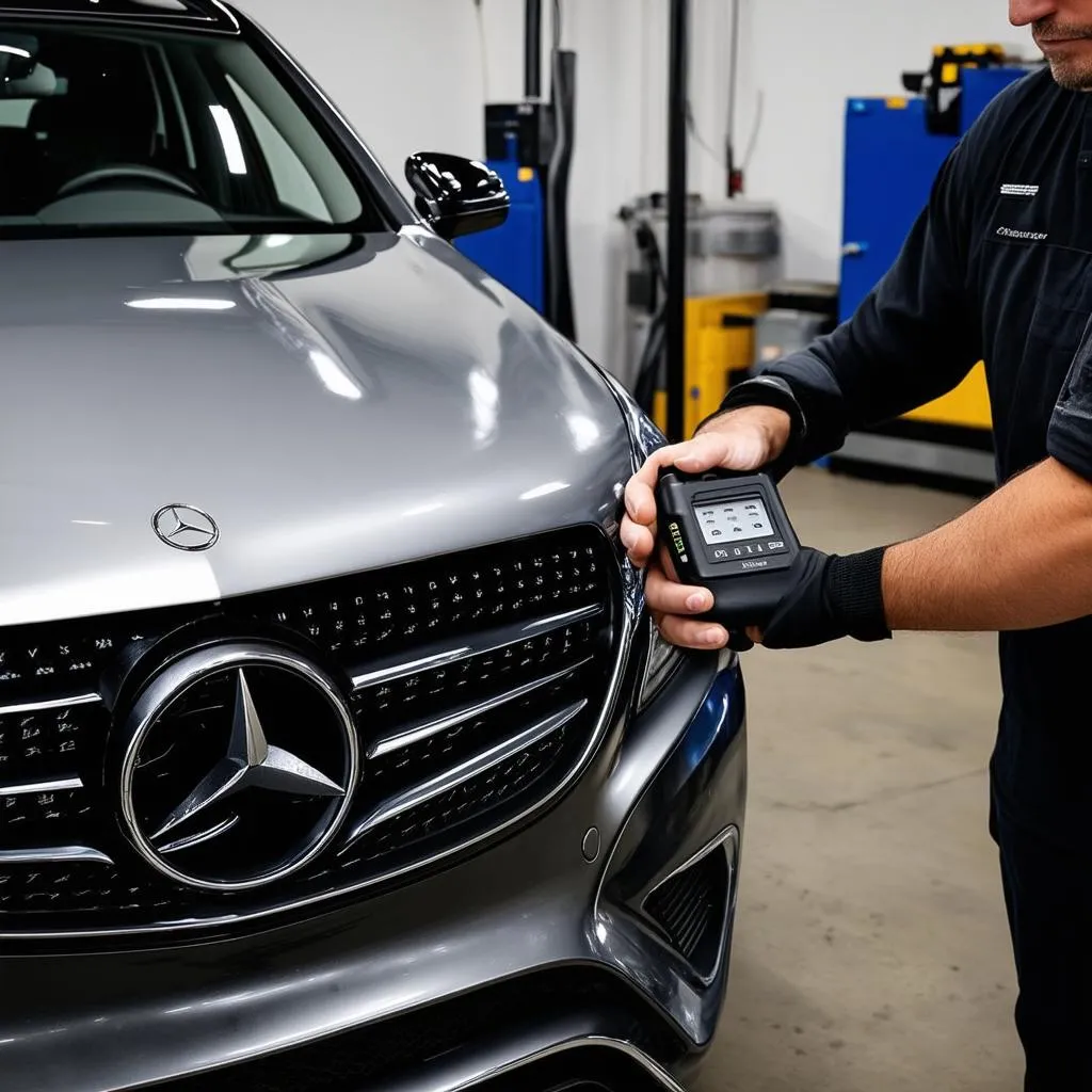 A mechanic connecting a diagnostic tool to a Mercedes Benz