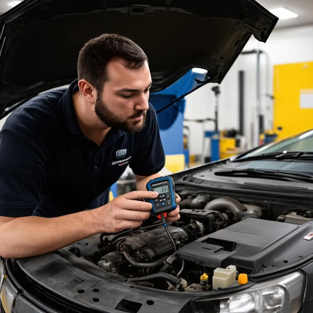 Mechanic using a diagnostic tool