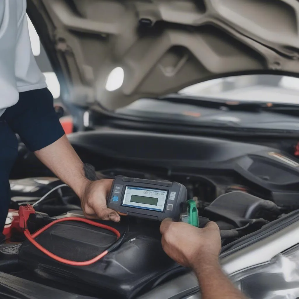 Mechanic Using Diagnostic Tool on Car Battery