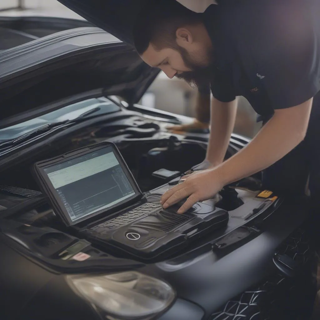 Mechanic using Diagnostic Tool