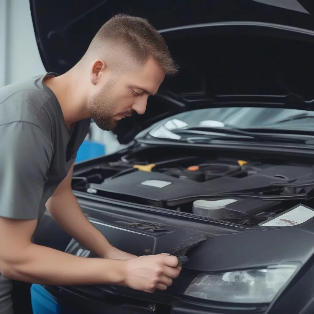 Mechanic using a diagnostic tool on a car