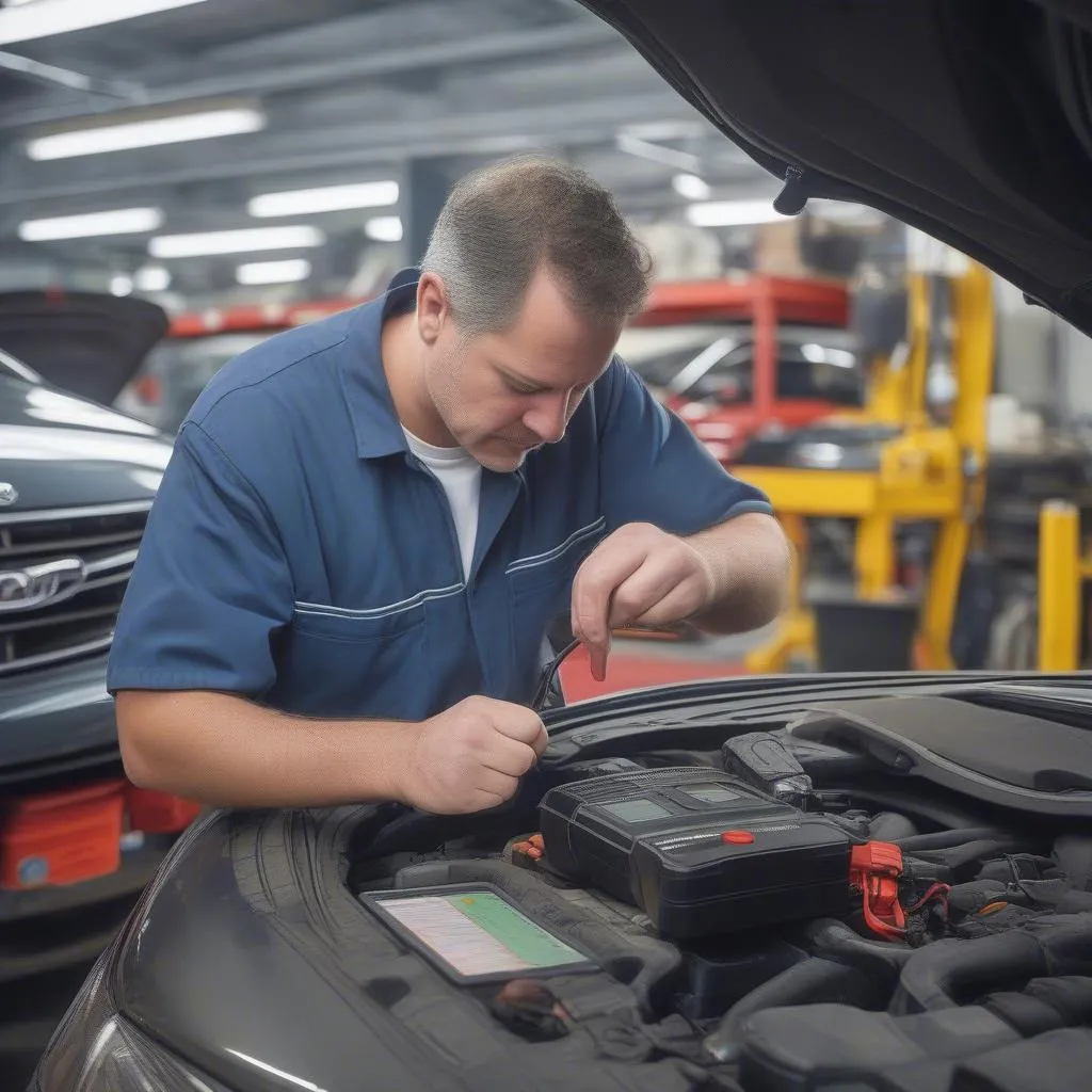 Mechanic Using a Diagnostic Tool on a Car