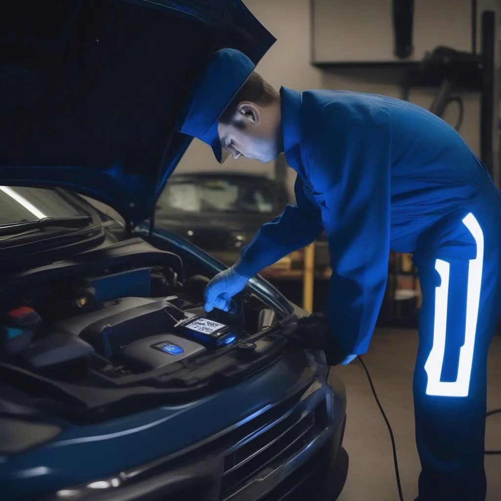 Mechanic using a diagnostic tool