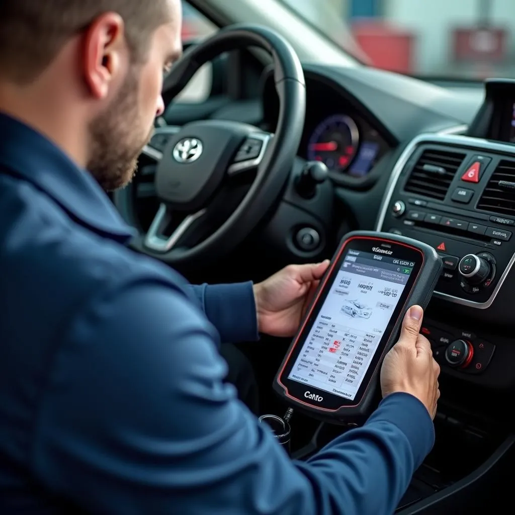 Mechanic using a diagnostic tool on a car