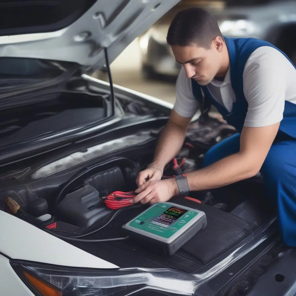 Mechanic utilizing a diagnostic tool to troubleshoot a car's anti-theft system