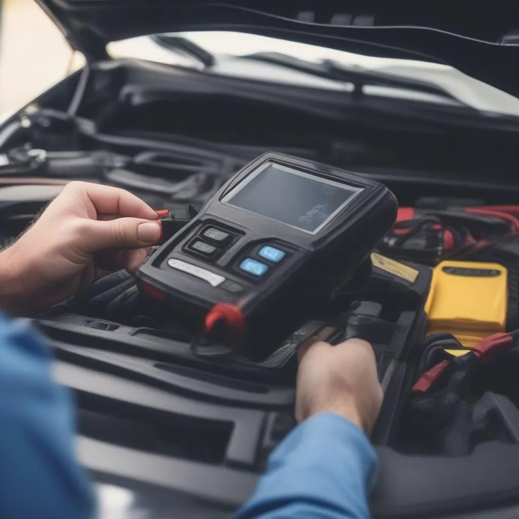 Mechanic using a diagnostic tool on a car