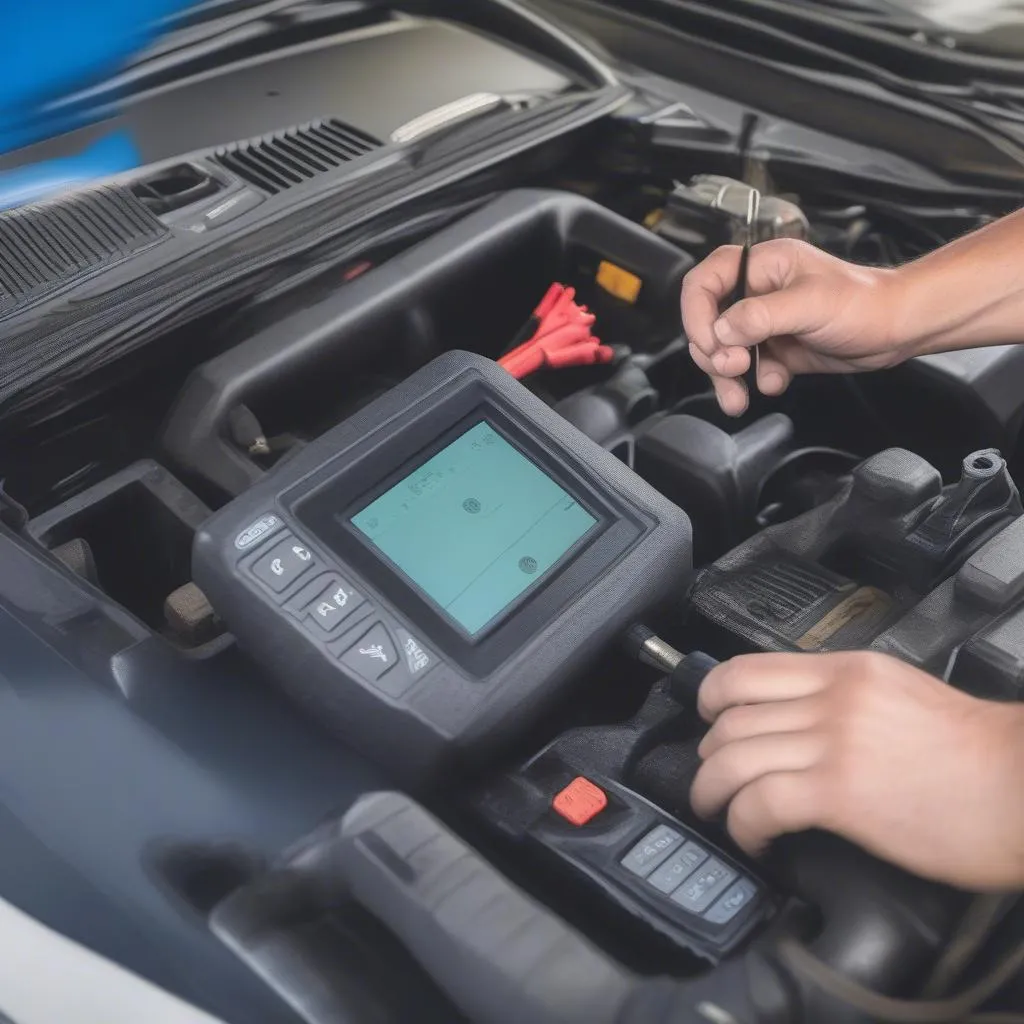 Mechanic Using Diagnostic Tool on Car