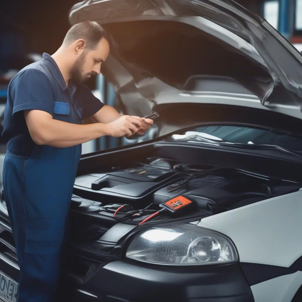 Mechanic Diagnosing Car with Tool