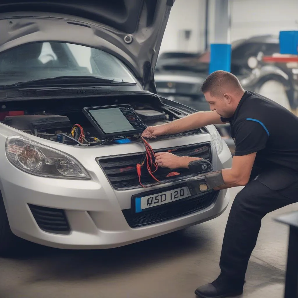 Mechanic plugging in a diagnostic tool to a car's OBD-II port for anti-theft system troubleshooting.