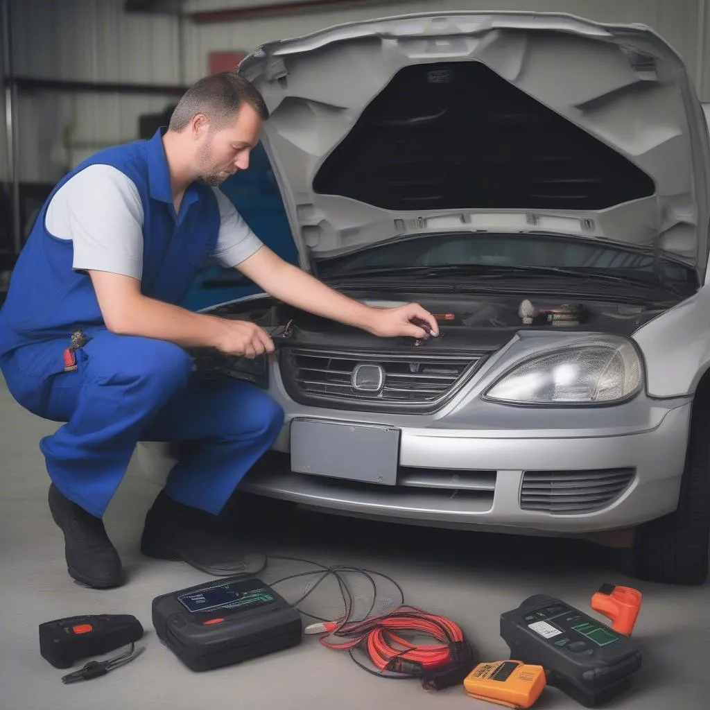 Mechanic using a diagnostic tool on a car