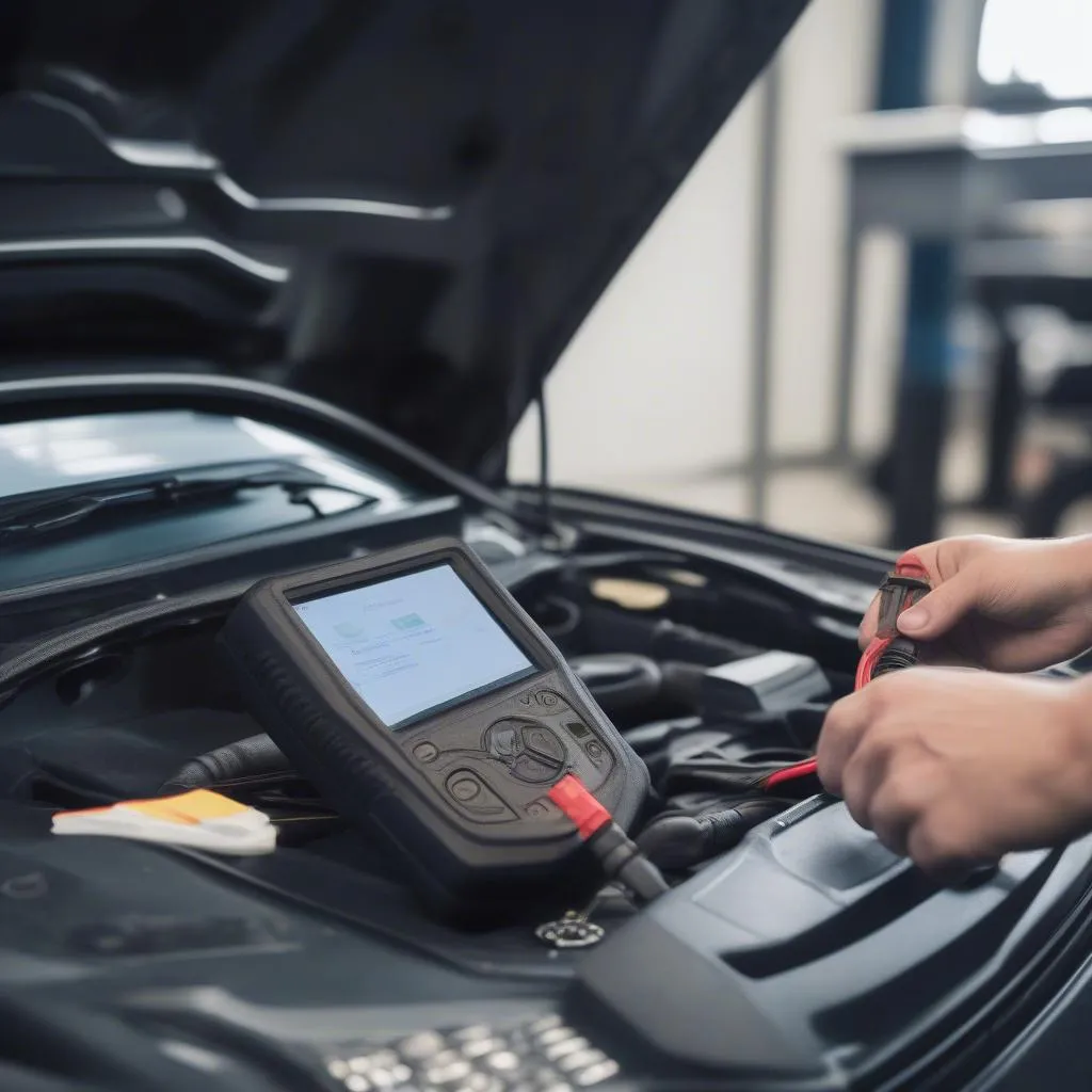 Mechanic using a diagnostic tool on a car