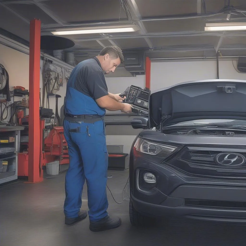 Mechanic plugging in a diagnostic tool to a car's OBD-II port