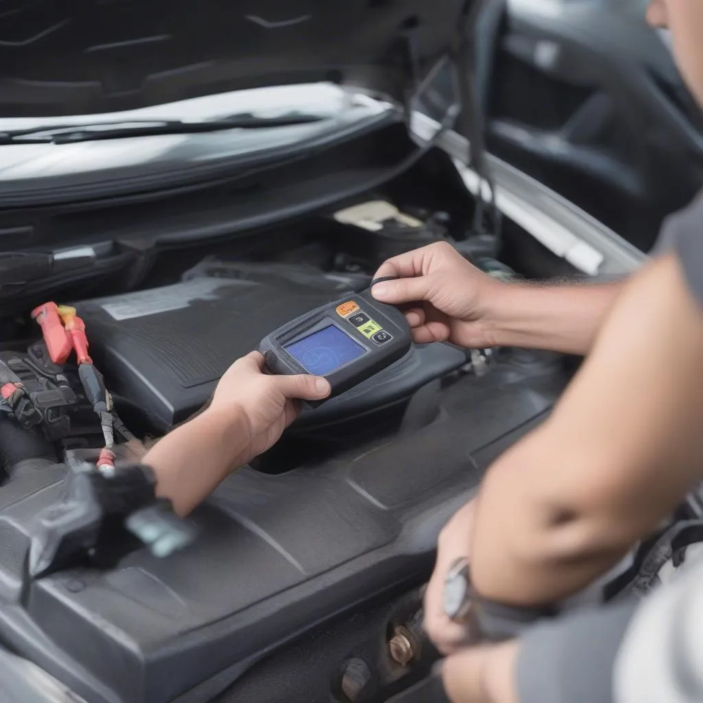 Mechanic using a diagnostic tool on a car to check for anti-theft system errors.