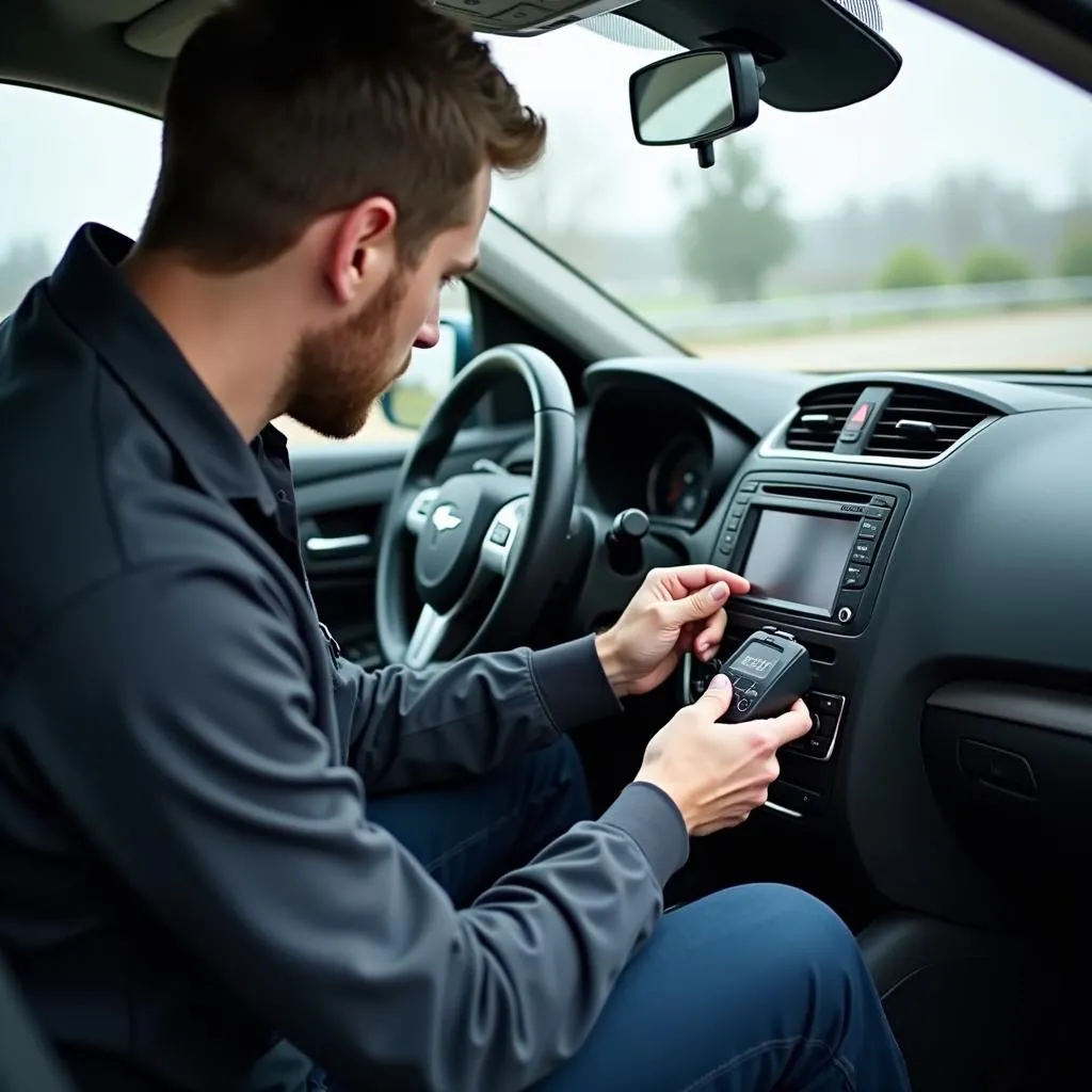 Mechanic diagnosing car radio problems with a professional scan tool