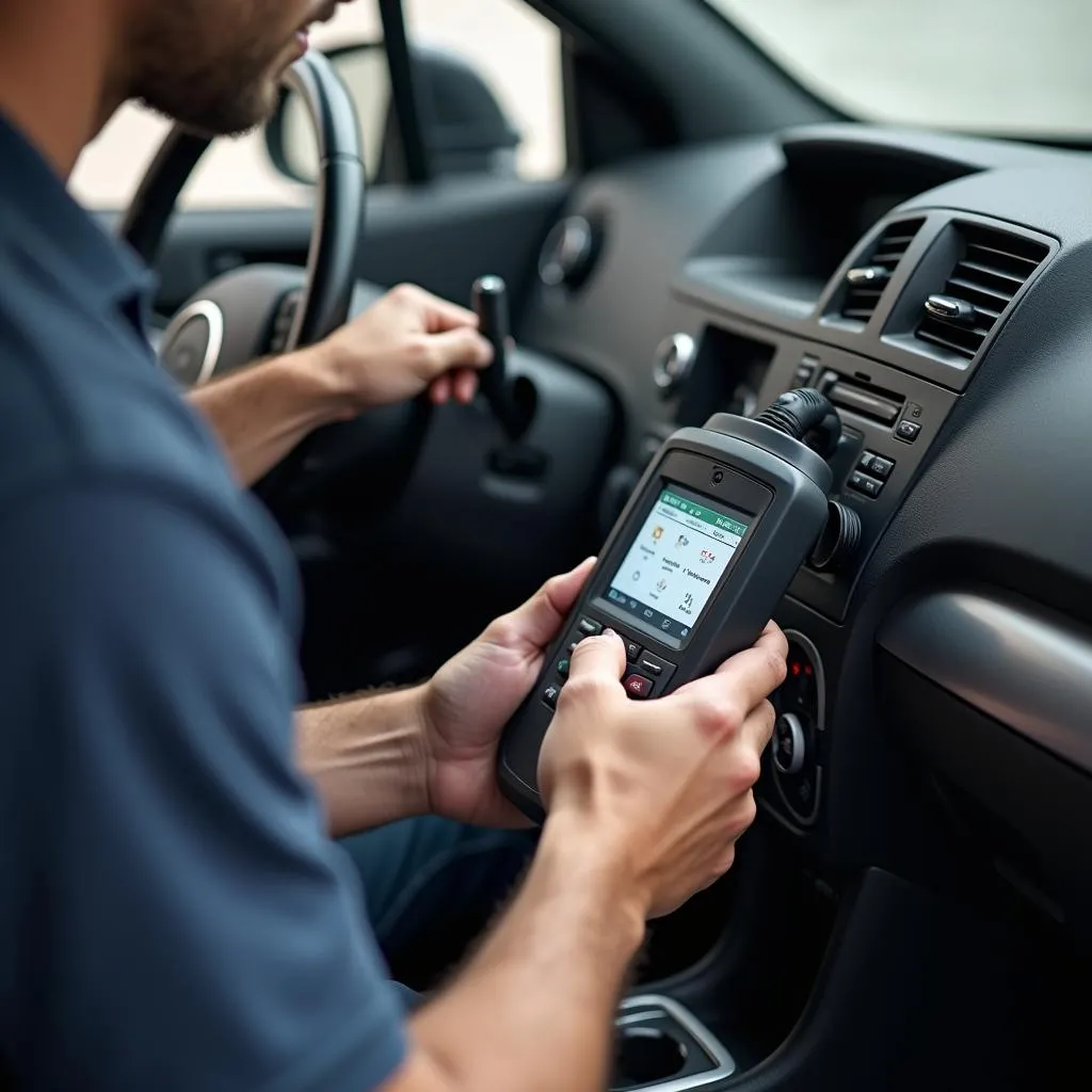 Mechanic using a diagnostic tool to check a car's electrical system, which could be used to diagnose anti-theft system issues.