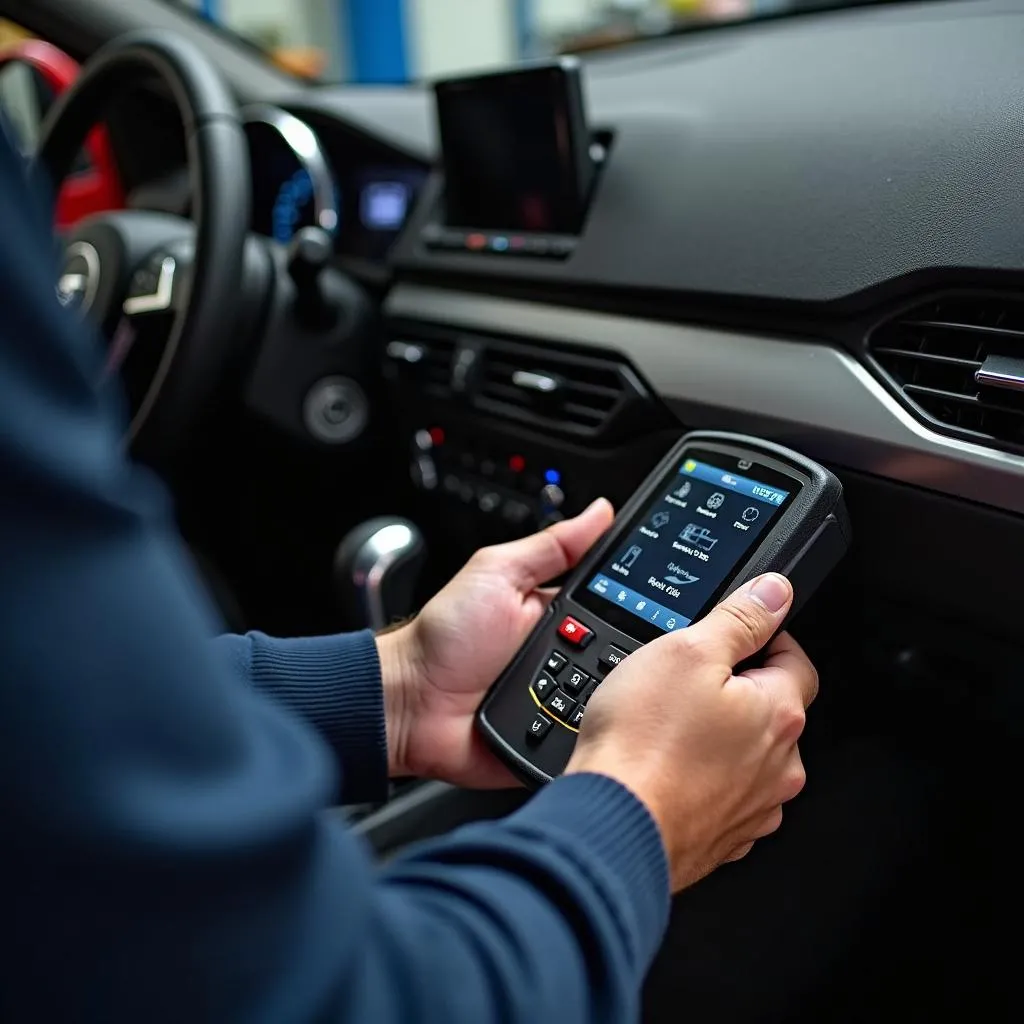 Mechanic Using Diagnostic Tool on Car