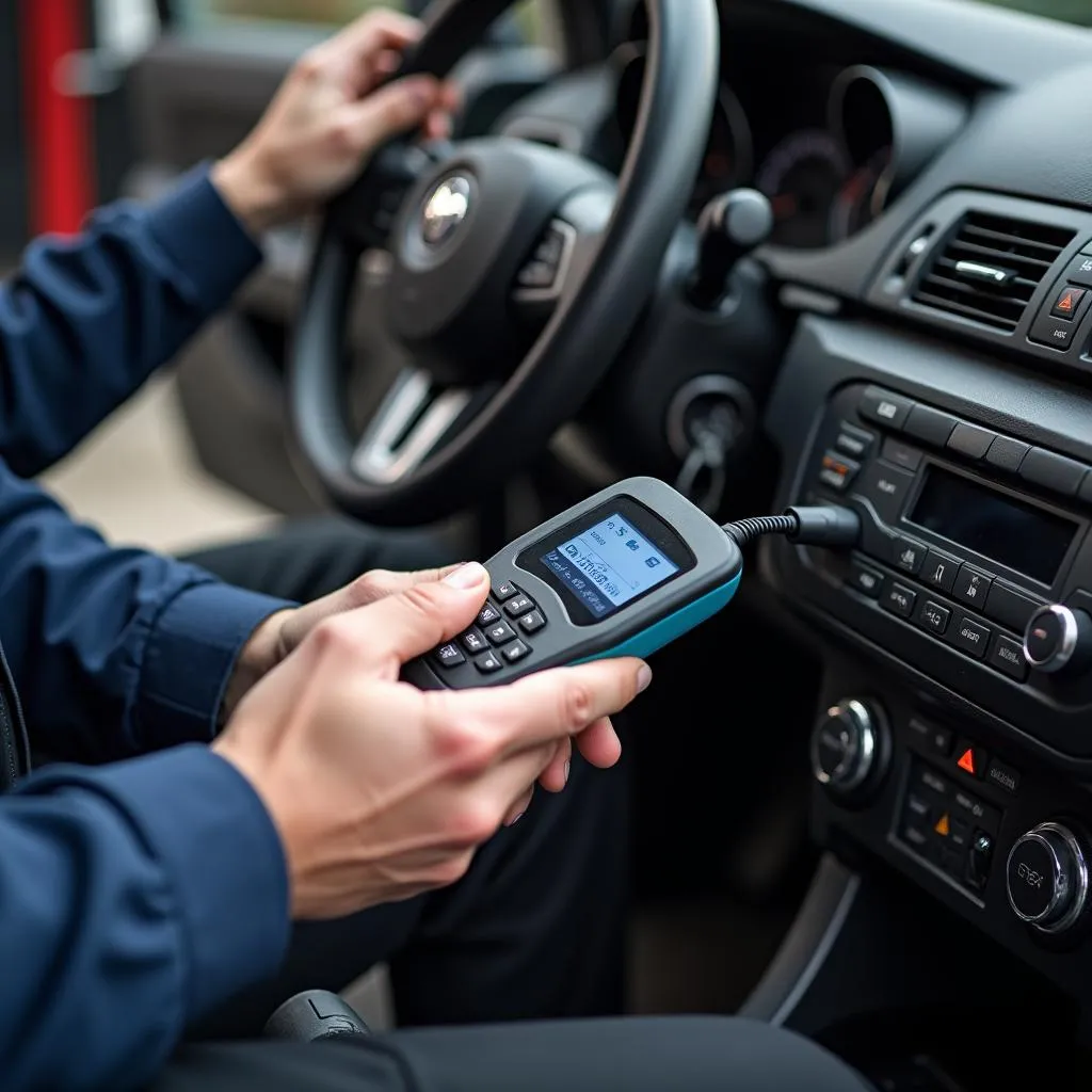 Mechanic performing car diagnostics