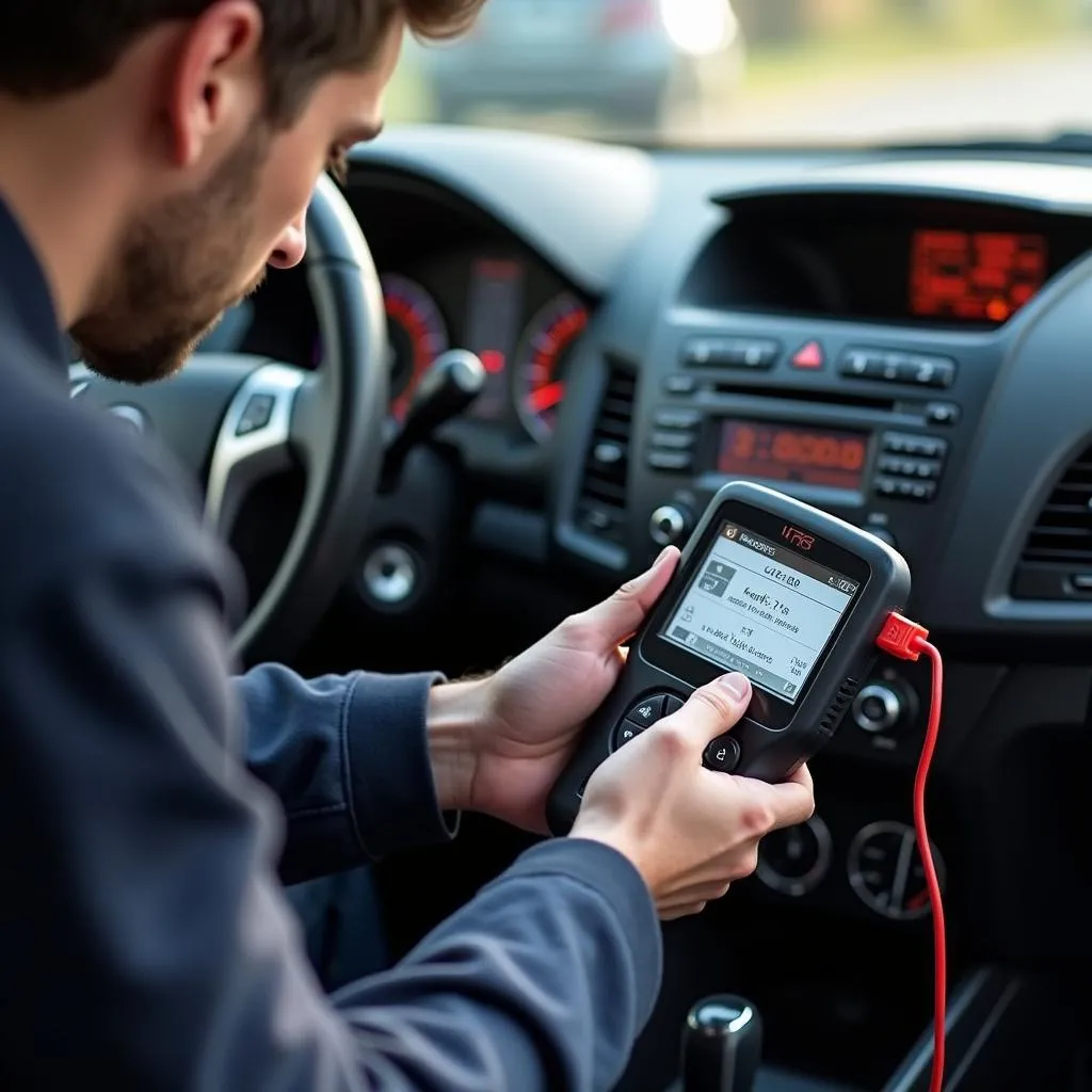 Mechanic diagnosing car radio issues with a professional tool