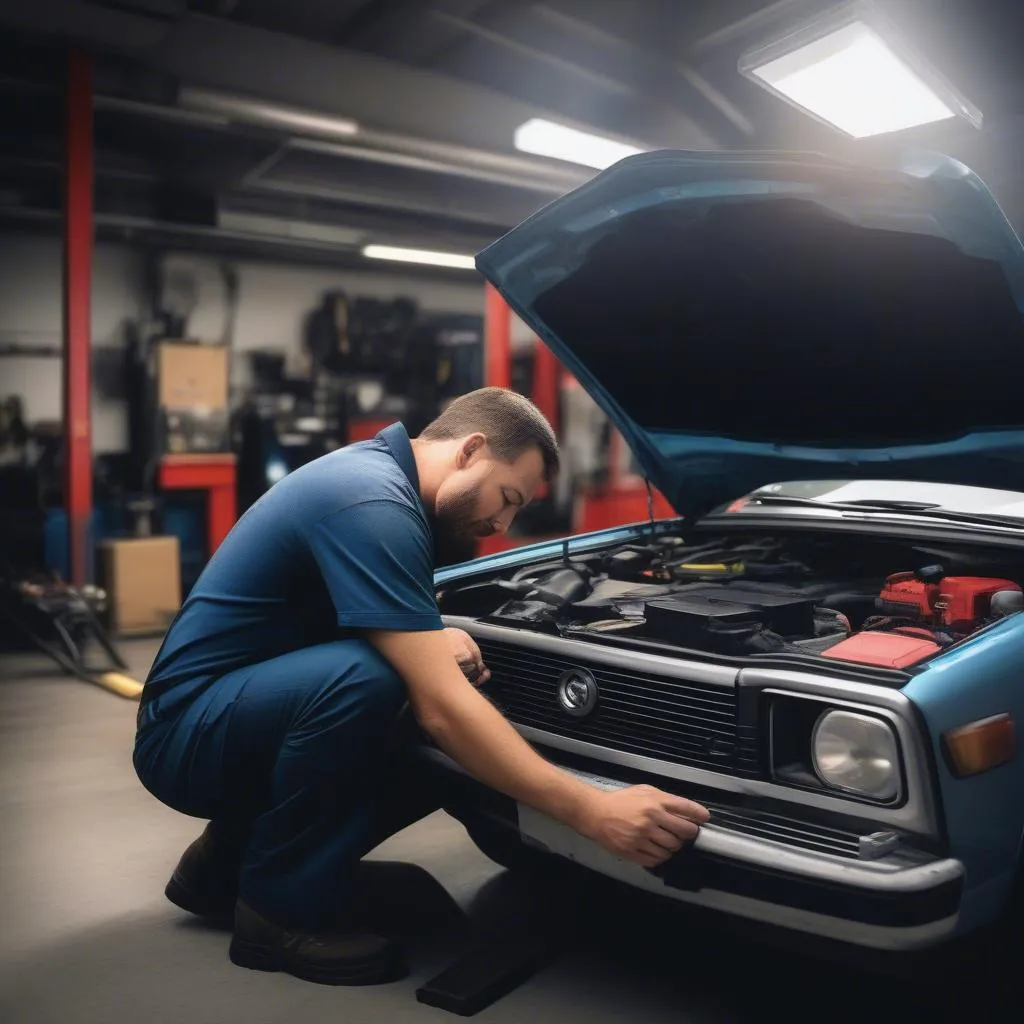 Mechanic using a diagnostic tool to check the anti-theft system on a car with the hood open