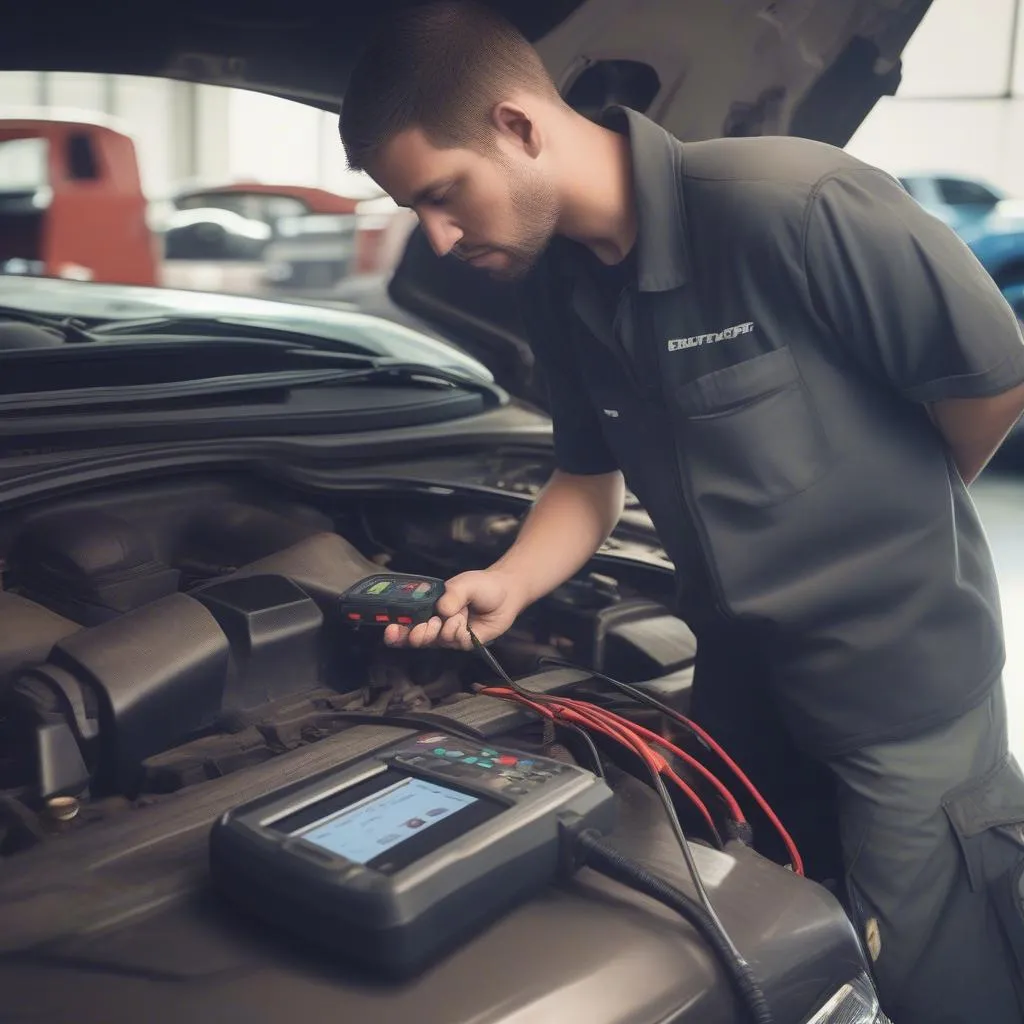 Mechanic Using Diagnostic Tool on Chevy Vehicle