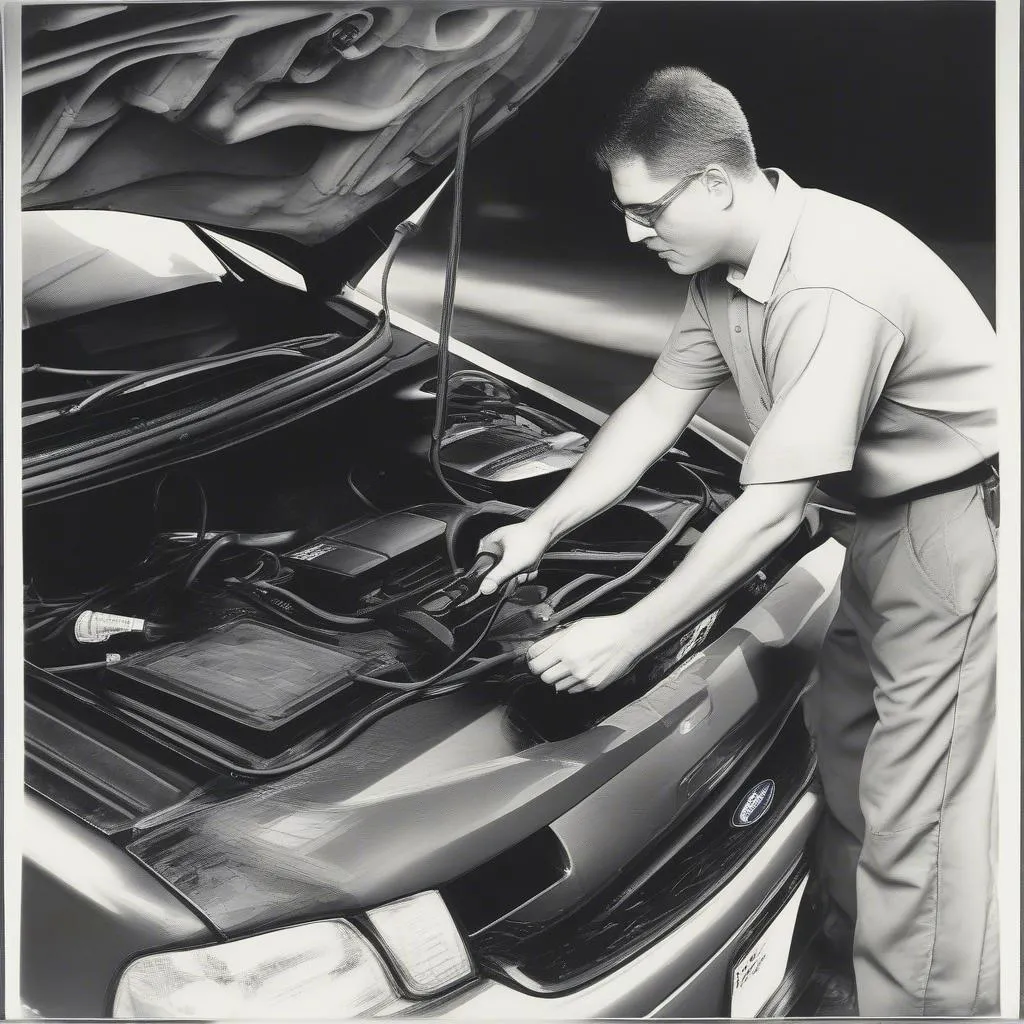 Mechanic Using Diagnostic Tool on Ford Windstar