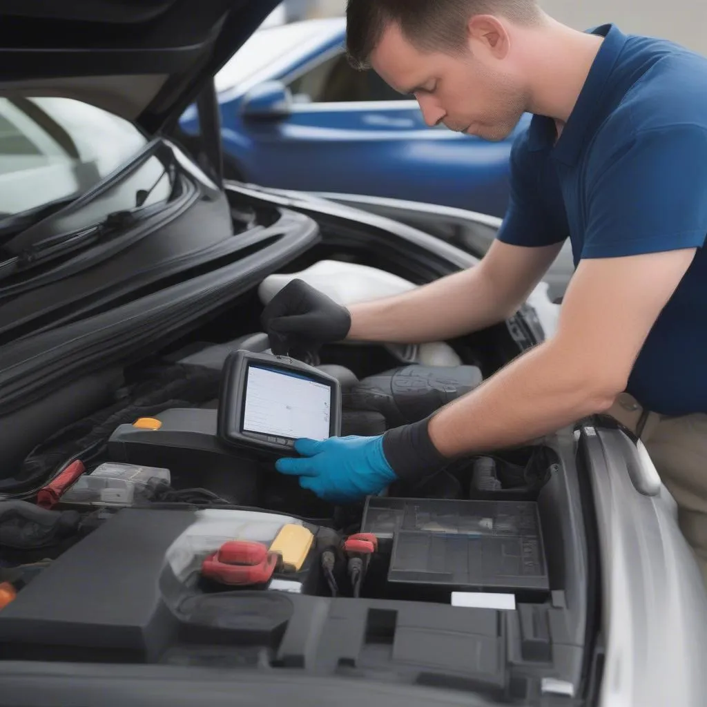 Mechanic using a diagnostic tool on a Honda CRV