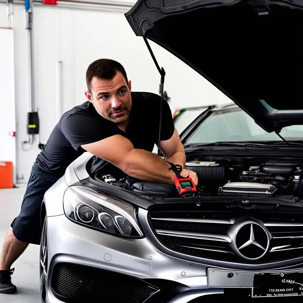 Mechanic Using Diagnostic Tool on Mercedes