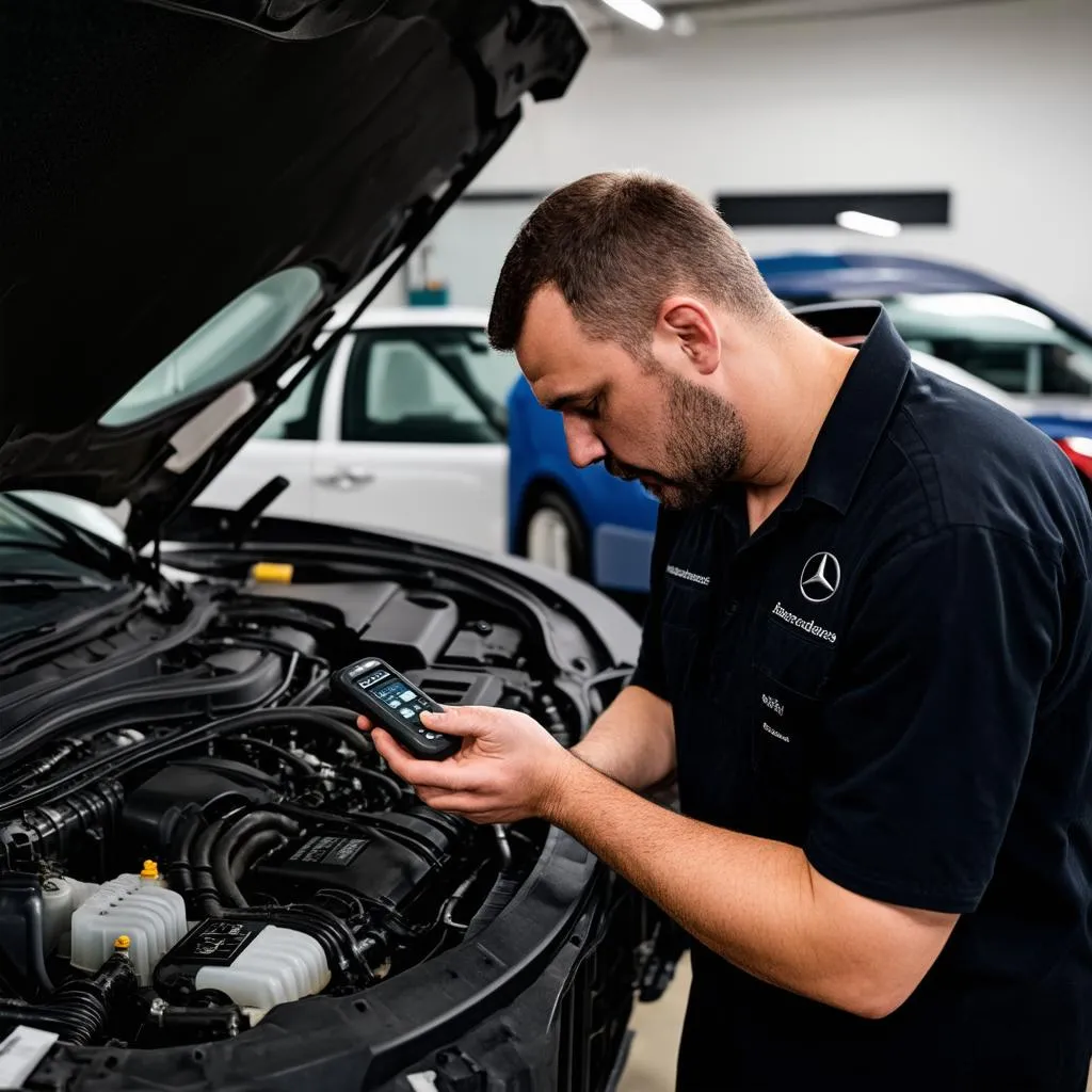 Mechanic Using Diagnostic Tool on Mercedes