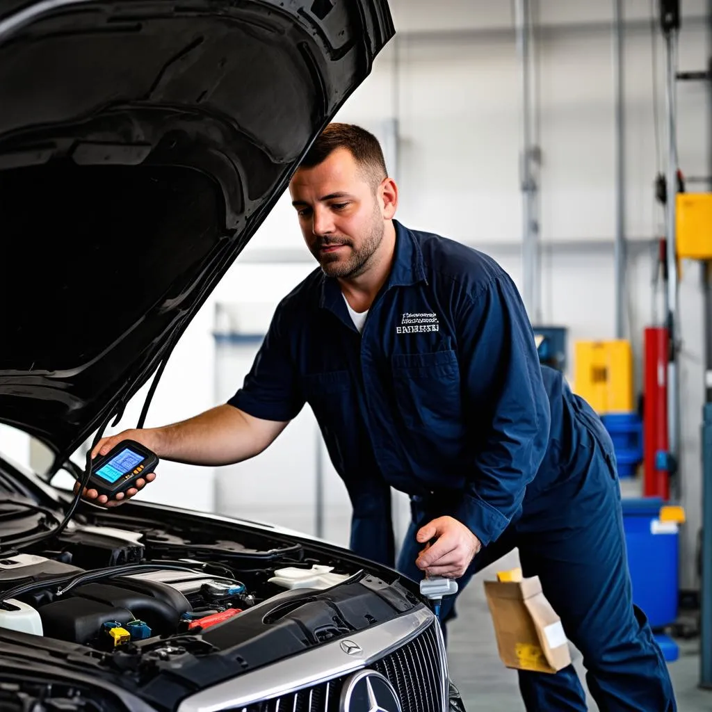 Mechanic Using Diagnostic Tool on Mercedes