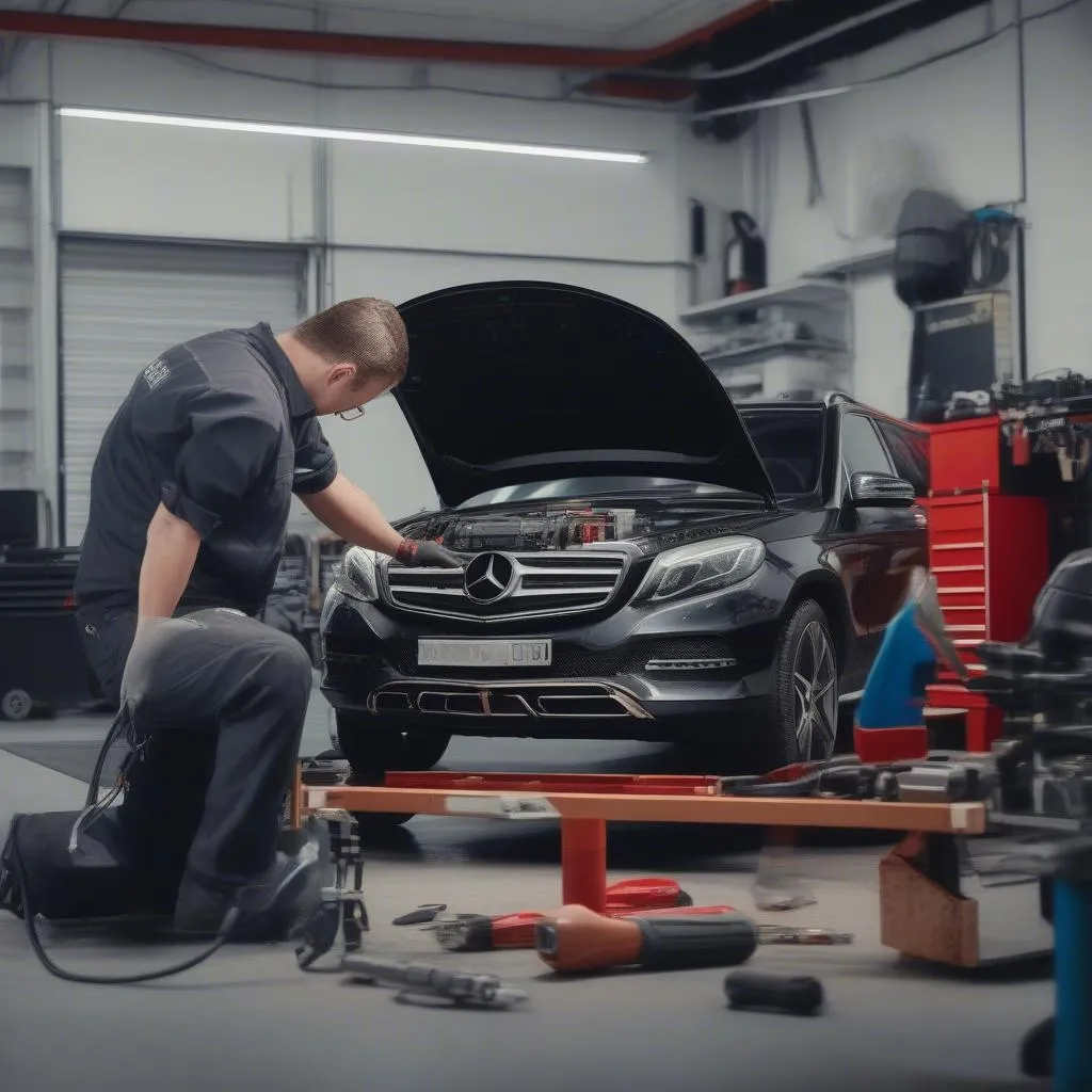 Mechanic Using Diagnostic Tool on Mercedes