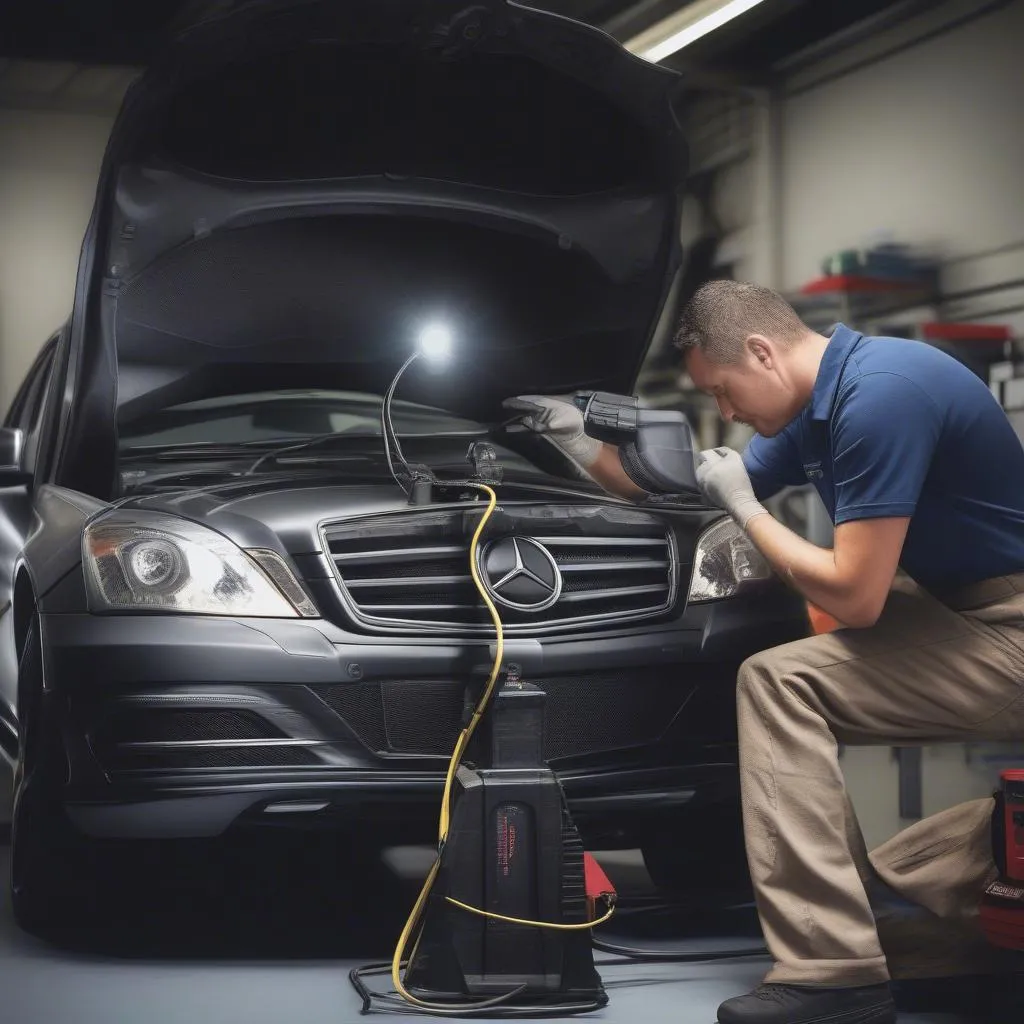 Mechanic Using Diagnostic Tool on Mercedes