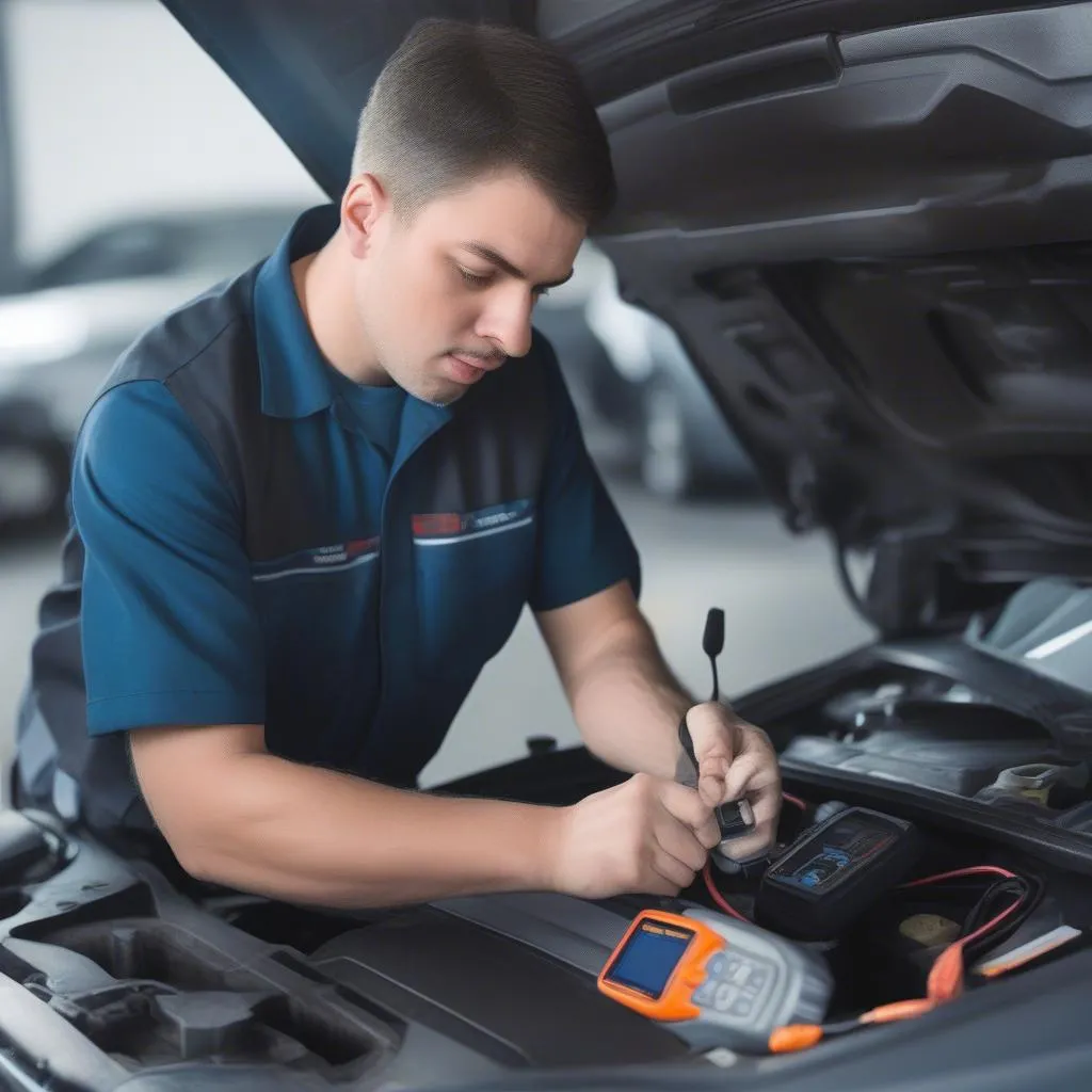 Mechanic Using a Diagnostic Tool for Anti-Theft System Reset