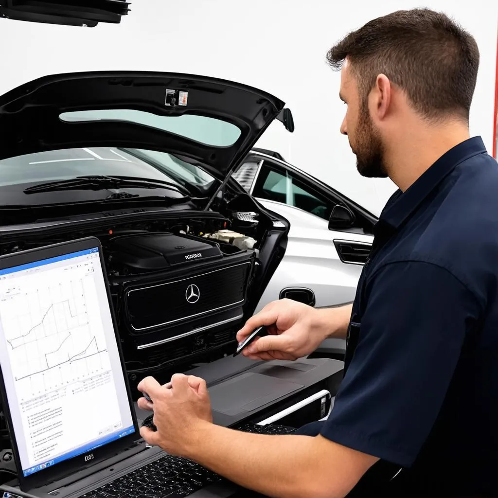 Mechanic Using Diagnostic Tool on Mercedes