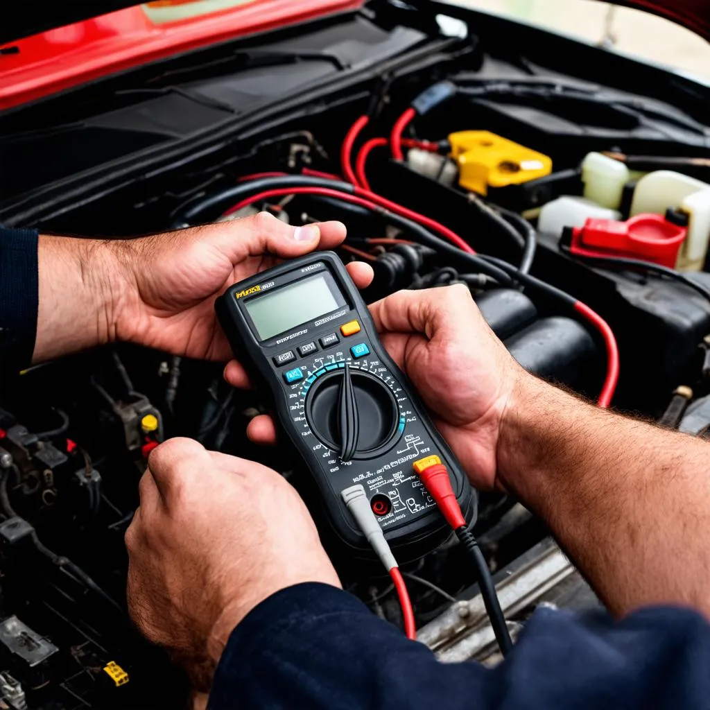 Mechanic using a digital multimeter