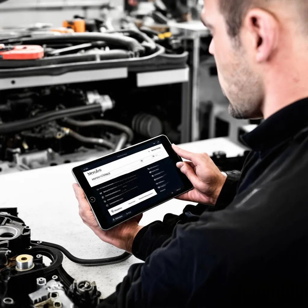 Mechanic Using Digital Tablet to Order OEM Parts