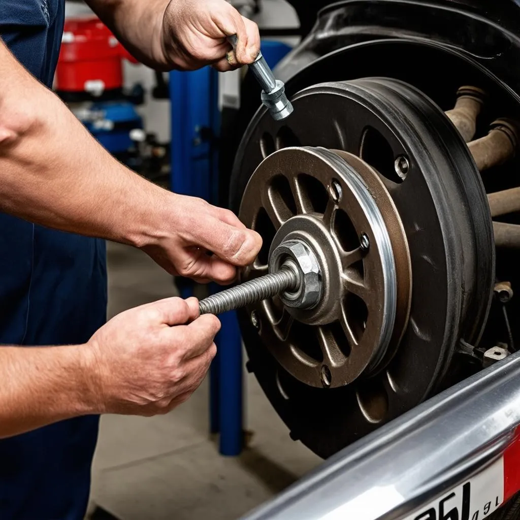 Mechanic Using a Mercedes Benz 350SL Hub Tool