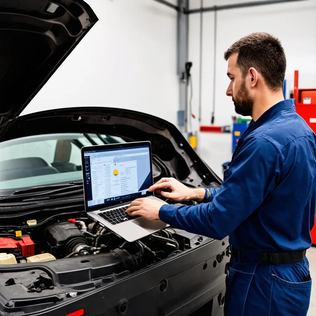 Mechanic Using Laptop for Diagnostics