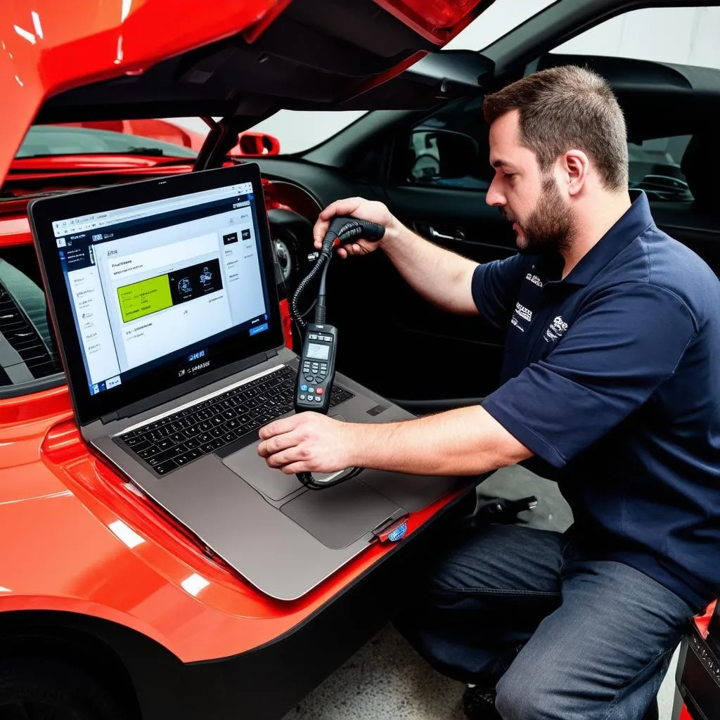 Mechanic using a laptop with VCDS software for car diagnostics