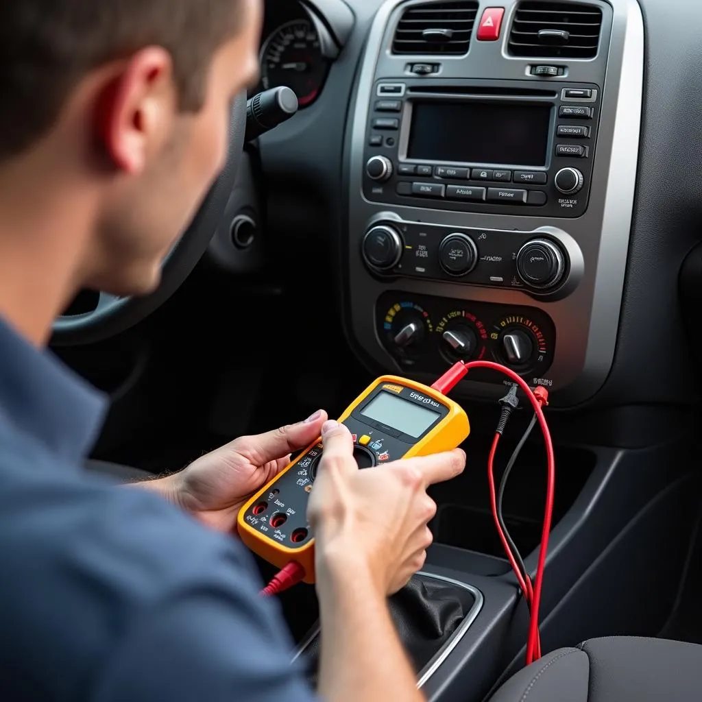 Mechanic Using Multimeter to Check Wiring Harness in a Kia Spectra